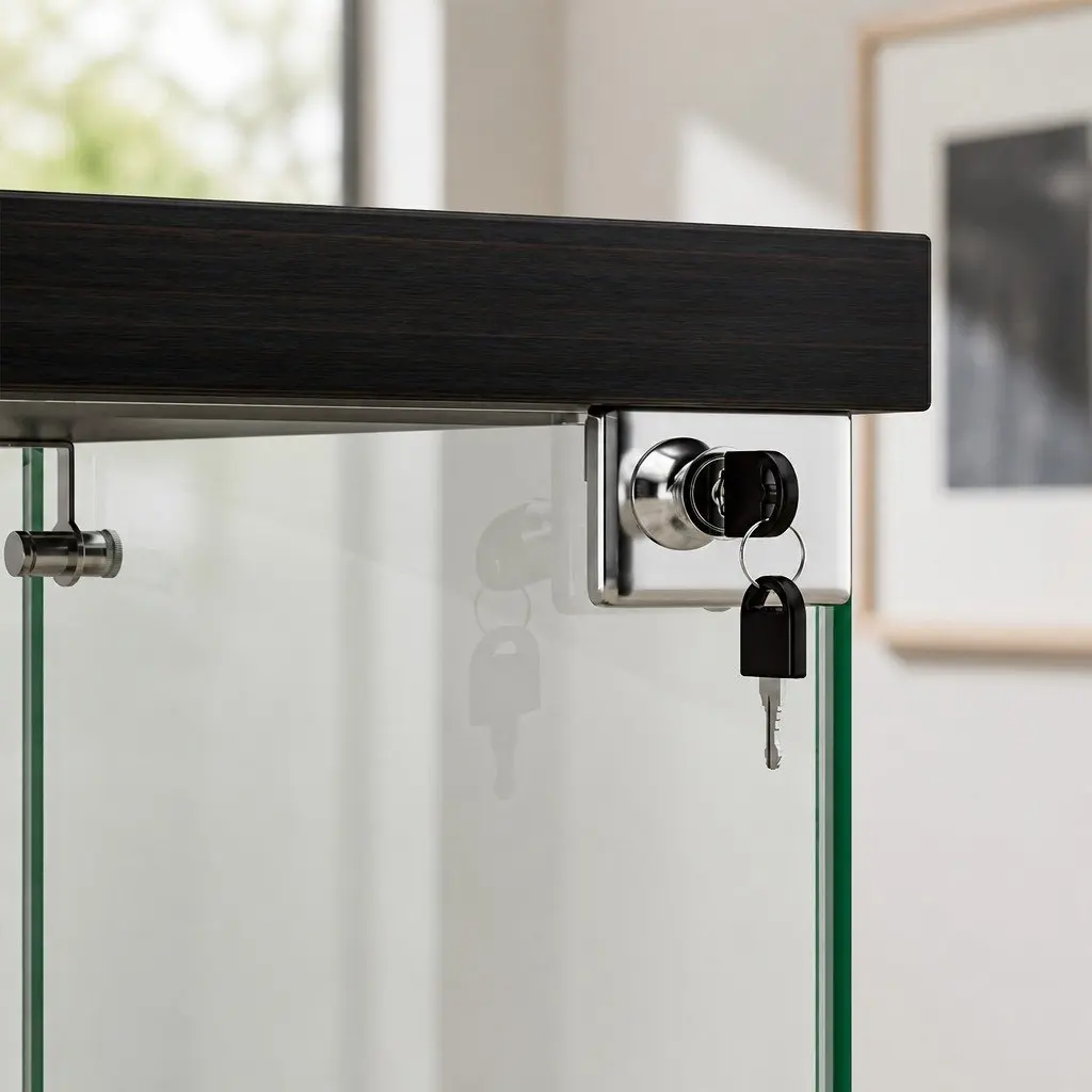 Glass Display Cabinet Black 2 Tier Tempered Glass Shelves Lock Door