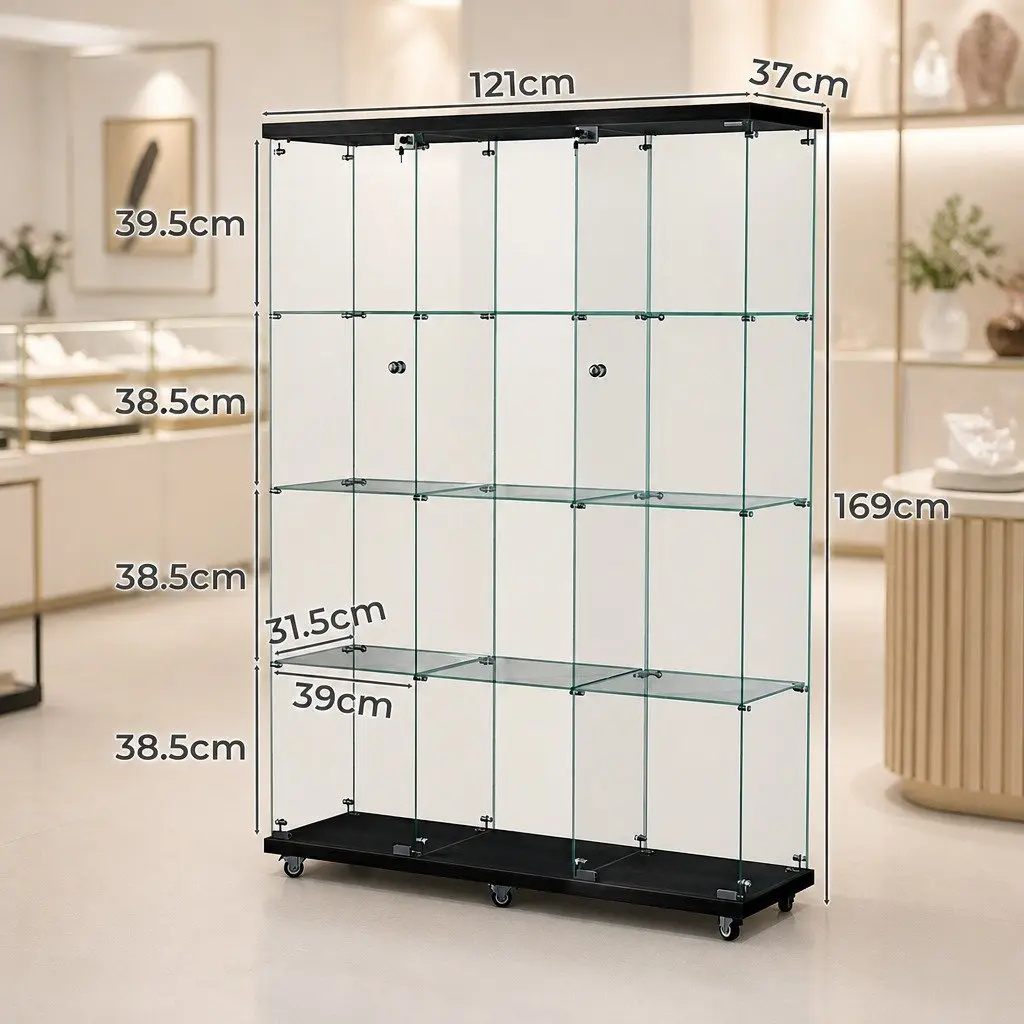 Glass Display Cabinet Black 169cm Tall 4 Tier Lockable Wheeled Storage Showcase
