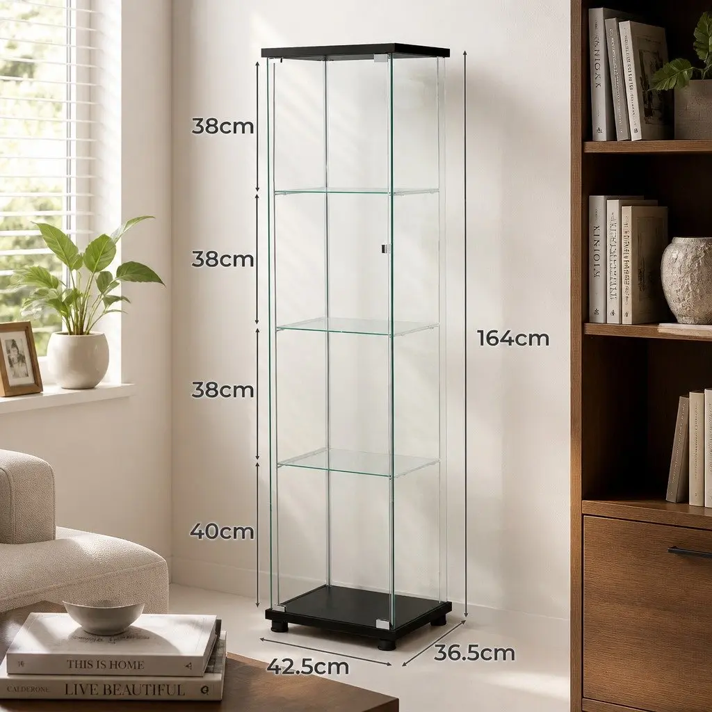4-Tier Glass Display Cabinet Black Lockable Storage Unit with Wheels for Collectibles and Merchandise