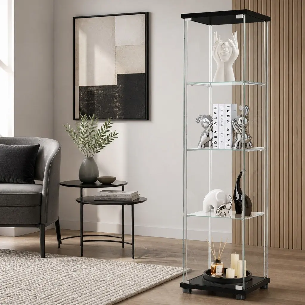 4-Tier Glass Display Cabinet Black Lockable Storage Unit with Wheels for Collectibles and Merchandise