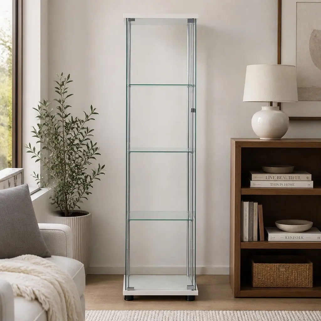White 4 Tier Glass Display Cabinet with Tempered Glass Shelves for Storage and Showcase
