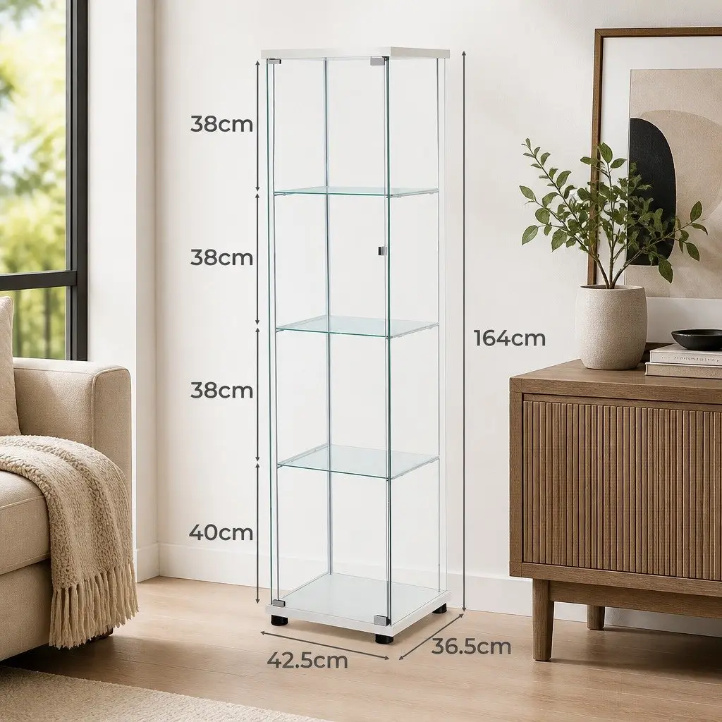 White 4 Tier Glass Display Cabinet with Tempered Glass Shelves for Storage and Showcase