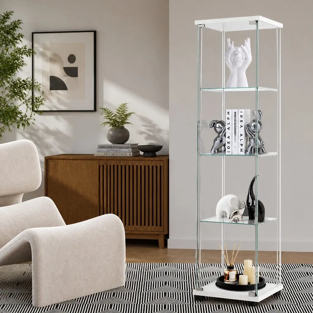 White 4 Tier Glass Display Cabinet with Tempered Glass Shelves for Storage and Showcase