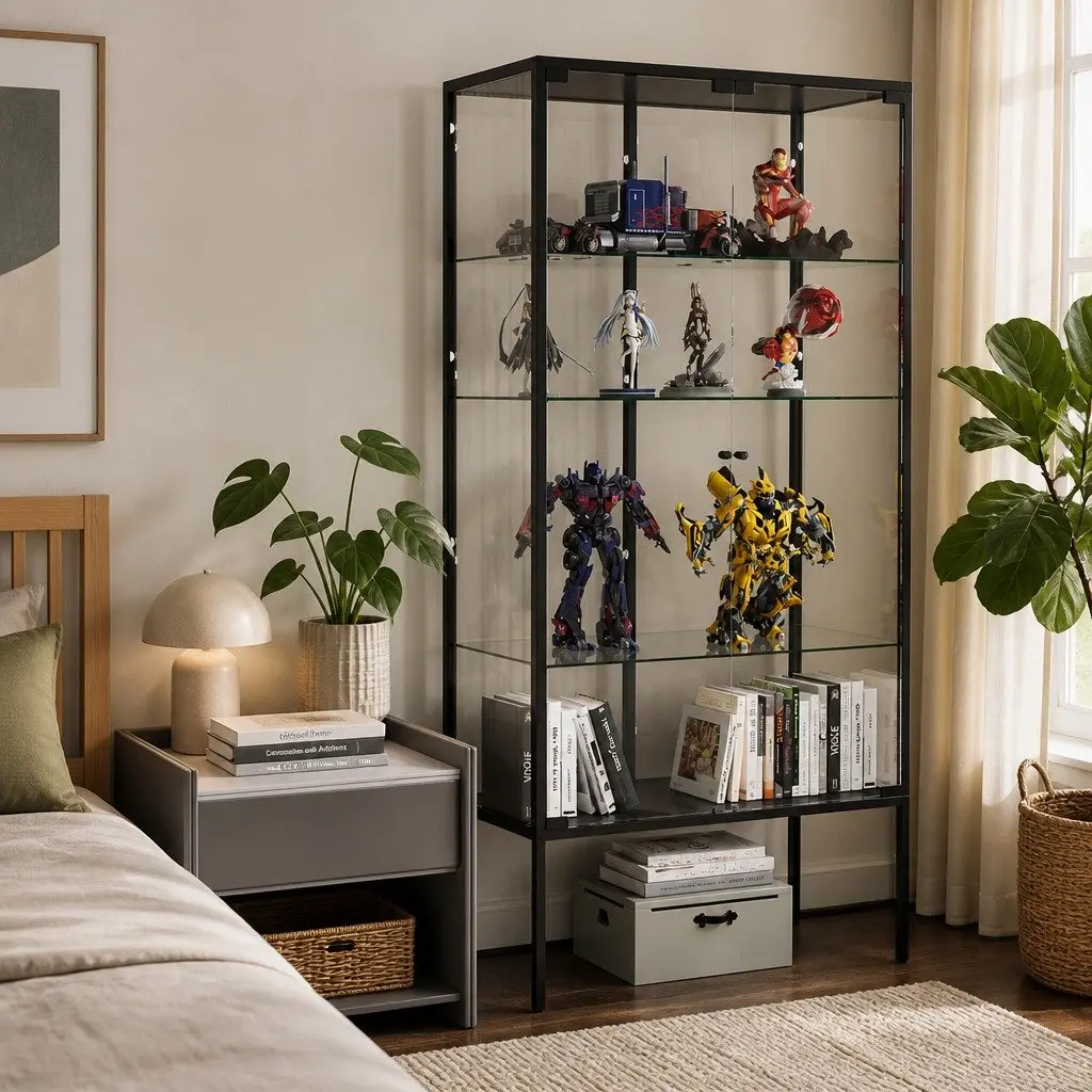 Glass Display Cabinet Black 160cm Four Tier Tempered Glass Shelves Steel Frame