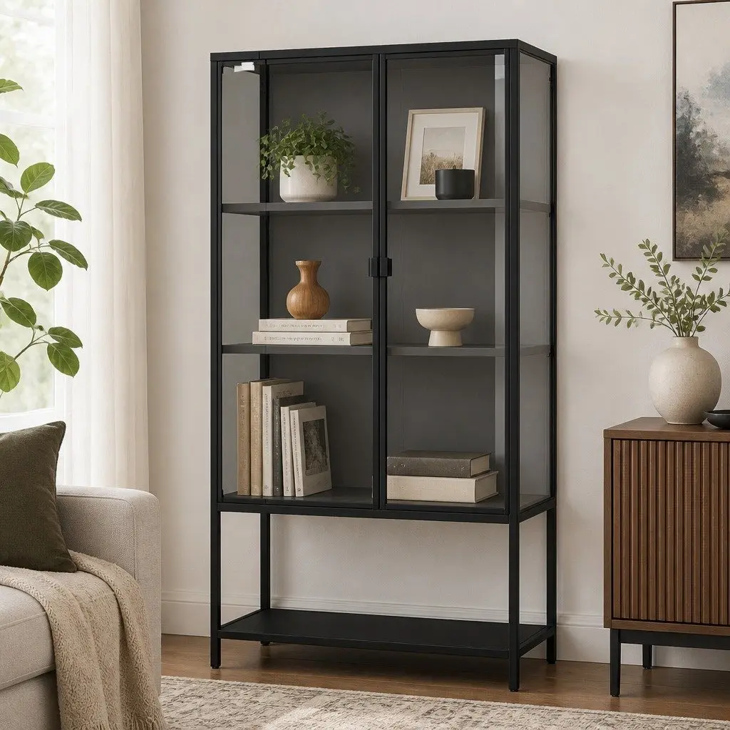 4 Tier Glass Display Cabinet Tempered Glass Storage Shelving Black