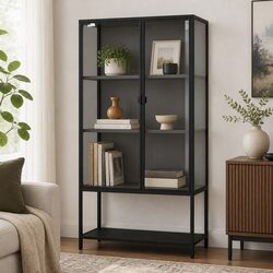 Glass Display Cabinet 4 Tier Storage Shelving Unit Tempered Glass Adjustable