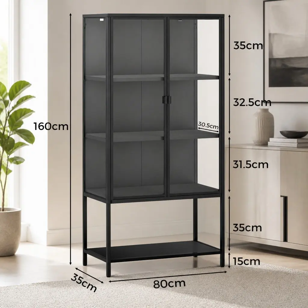 4 Tier Glass Display Cabinet Black Tempered Glass Adjustable Shelves Magnetic Door