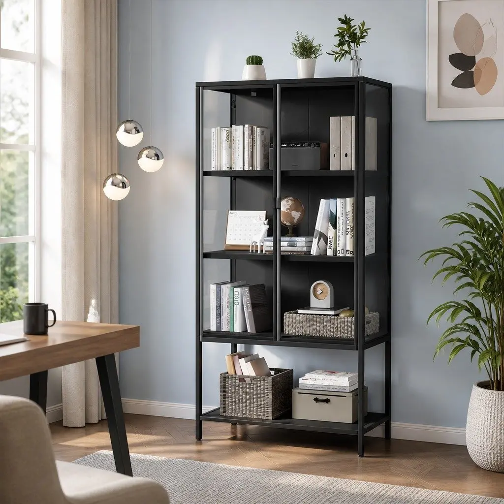 4 Tier Glass Display Cabinet Black Tempered Glass Adjustable Shelves Magnetic Door