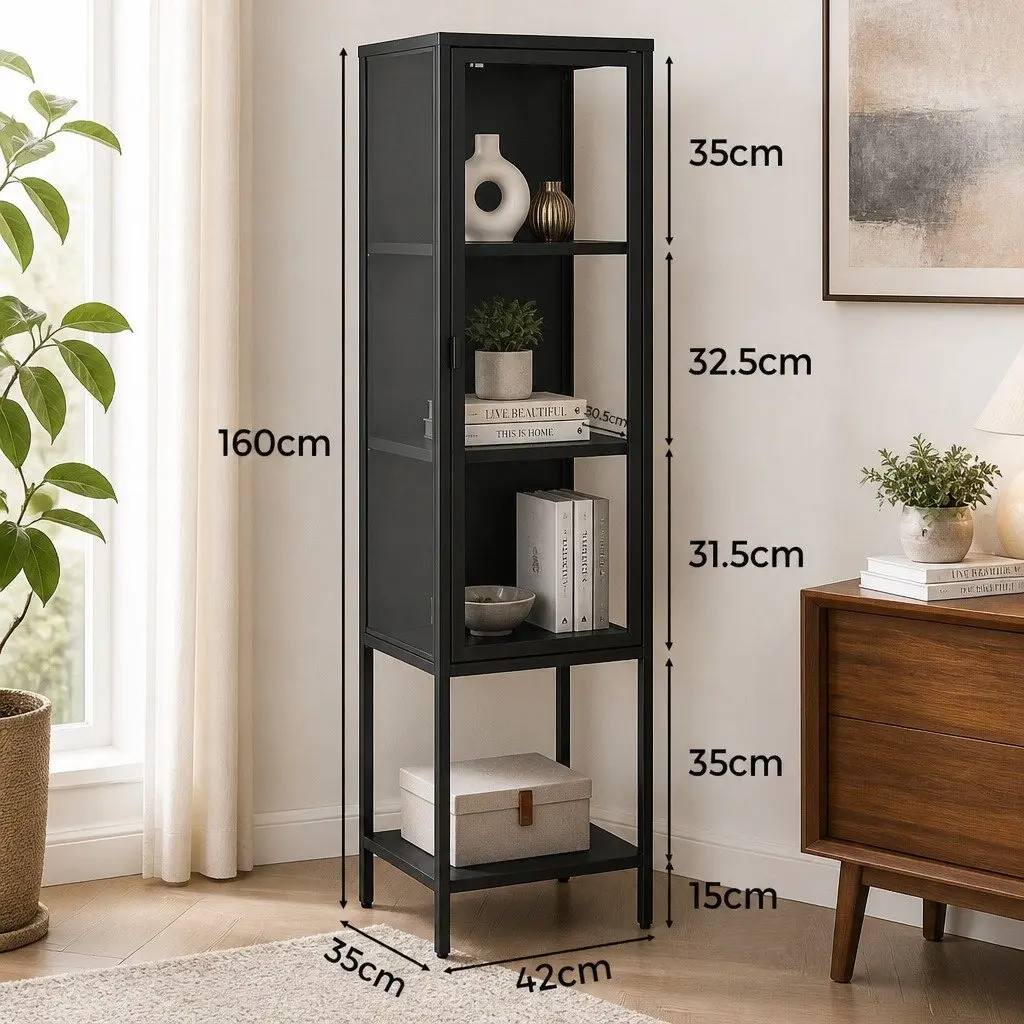 Glass Display Cabinet Black 4 Tier Tempered Glass Shelves Adjustable Feet Magnetic Doors