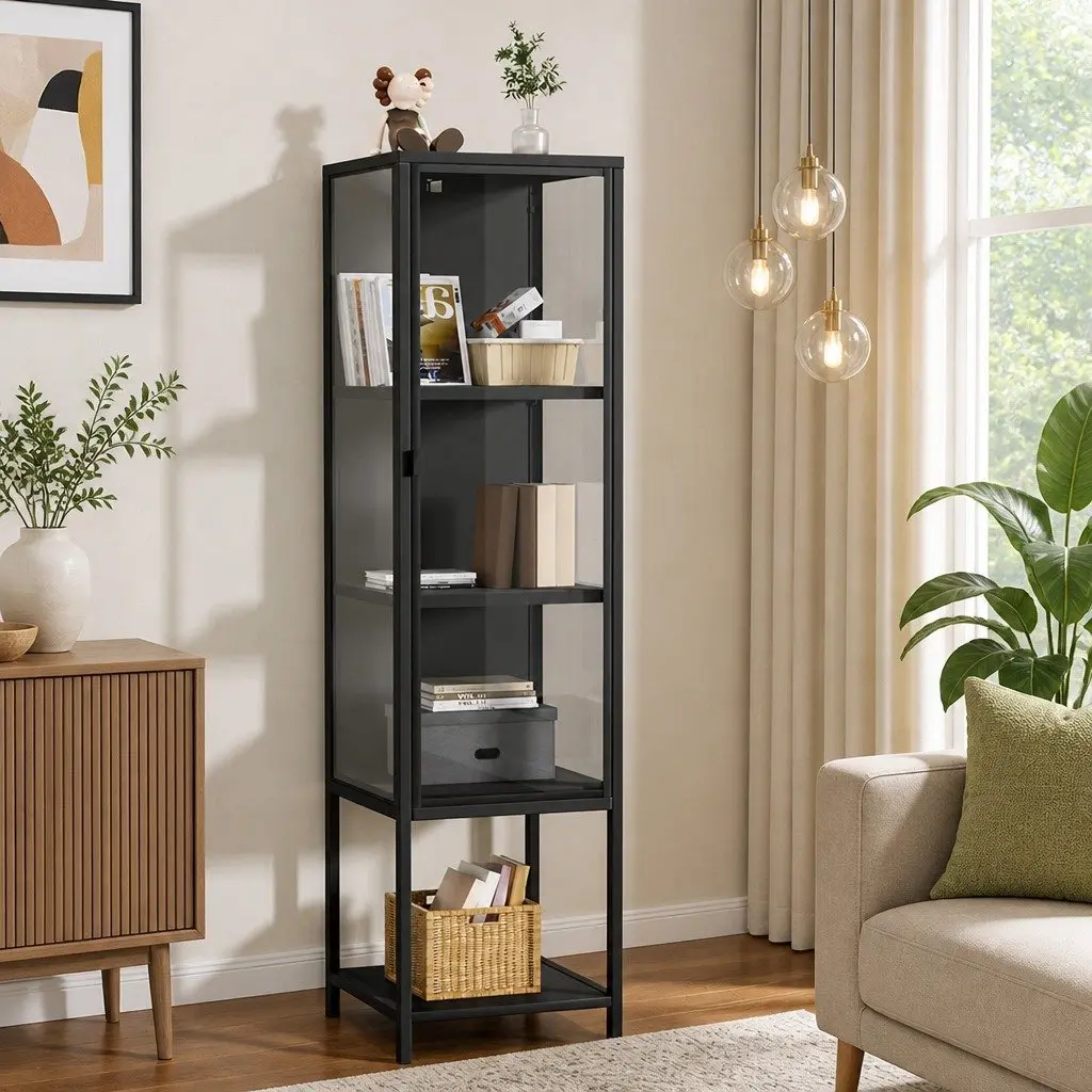 Glass Display Cabinet Black 4 Tier Tempered Glass Shelves Adjustable Feet Magnetic Doors