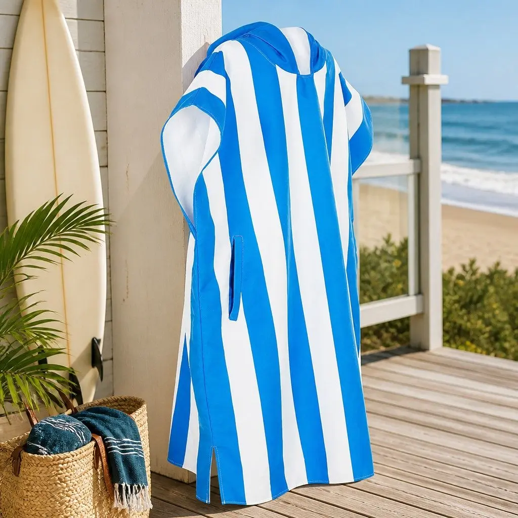 Hooded Poncho Towel Bondi Blue Medium Quick Dry Lightweight Travel Cover Up