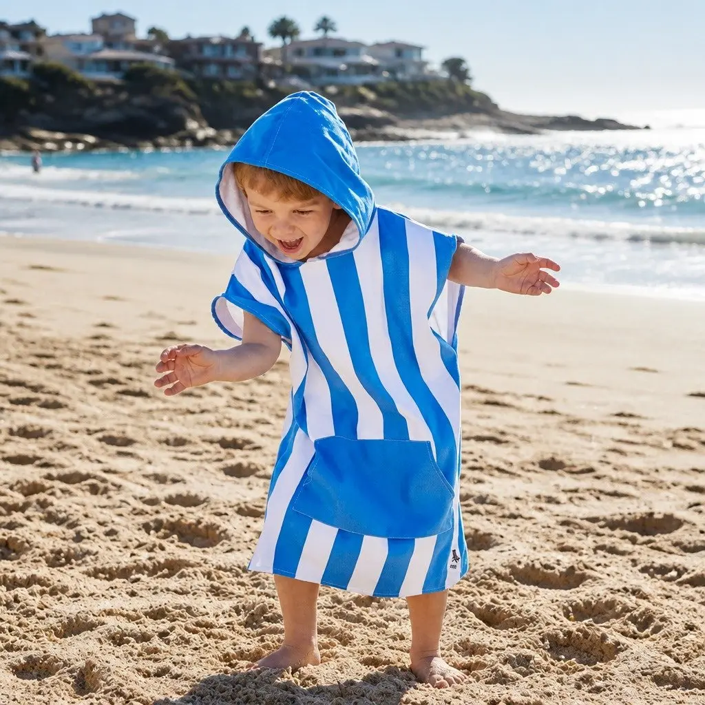 Hooded Poncho Towel Bondi Blue Small Quick Dry for Kids 4-7 Years with Pouch