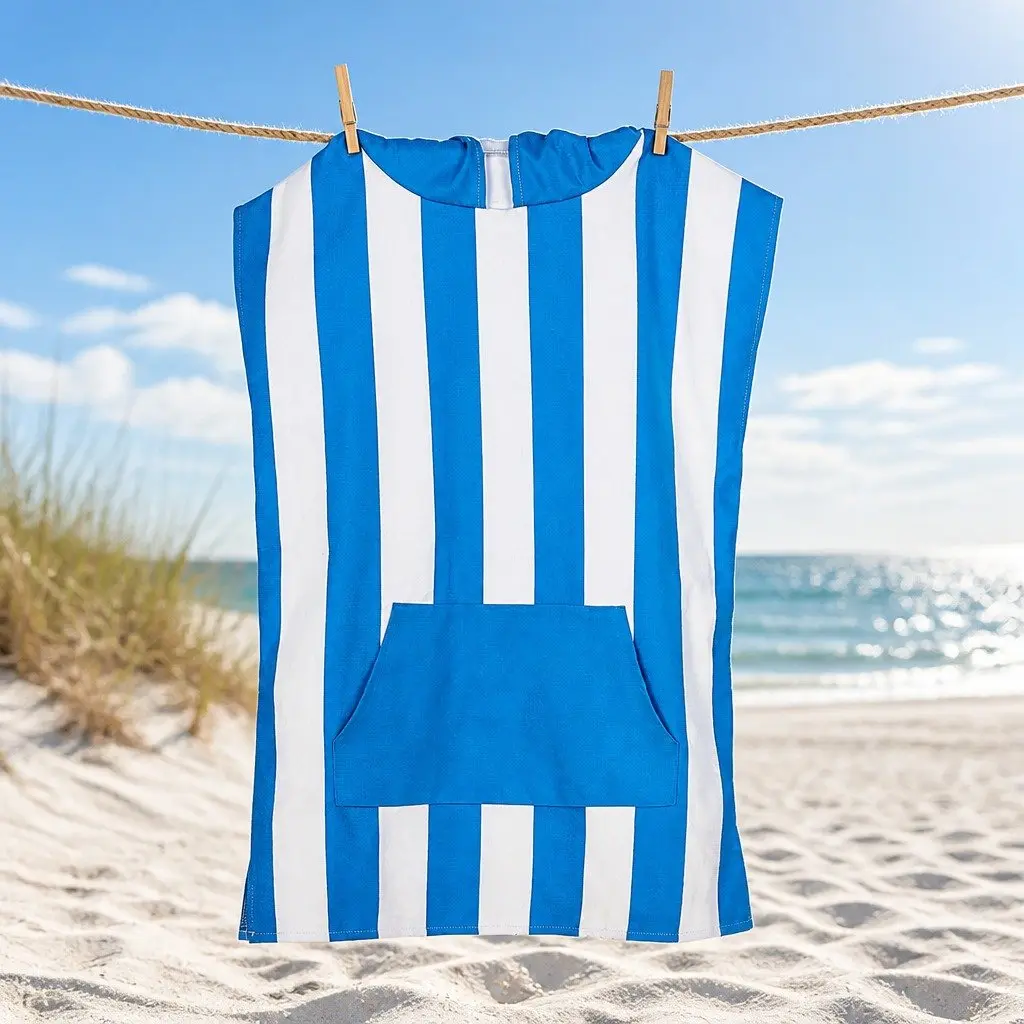 Hooded Poncho Towel Bondi Blue Small Quick Dry for Kids 4-7 Years with Pouch