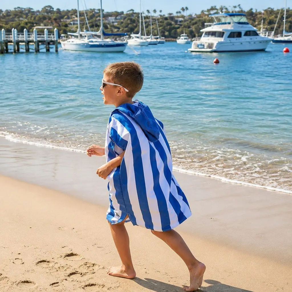 Kids Hooded Poncho Towel Whitsunday Blue M Quick Dry Swim Changing Robe