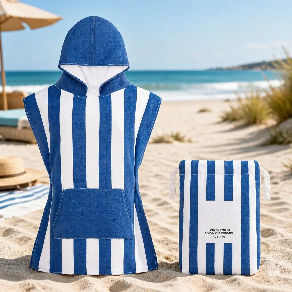 Kids Hooded Poncho Towel Whitsunday Blue XS Quick Dry Beach Cover Change Robe