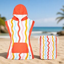 Kids Hooded Poncho Towel Quick Dry Beach Cover Squiggle Face Medium 7-10 Years