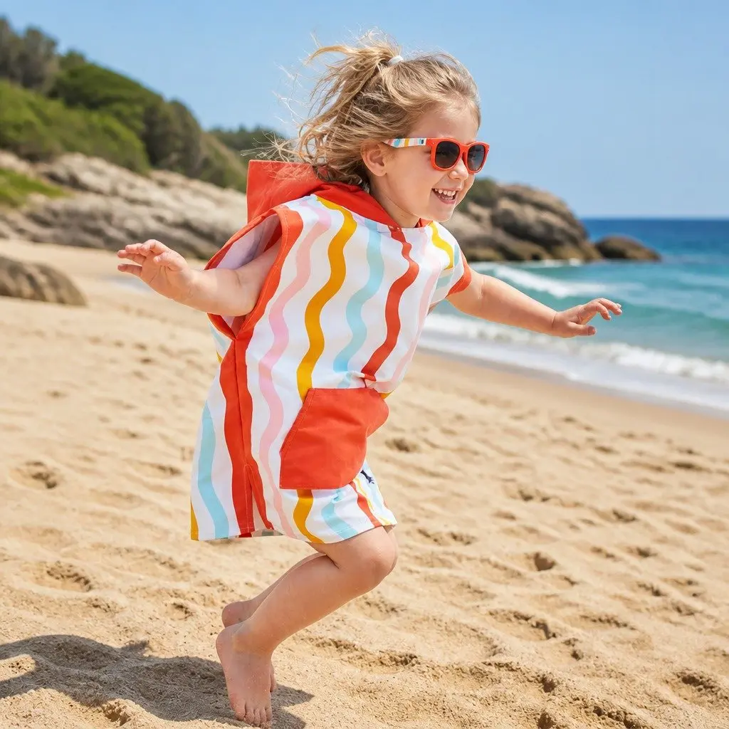 Kids Hooded Poncho Towel Squiggle Face Medium Quick Dry