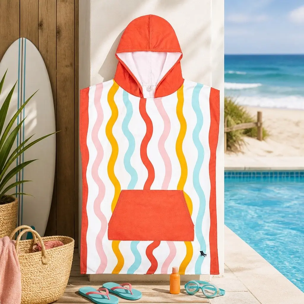 Kids Hooded Poncho Towel Squiggle Face Medium Quick Dry