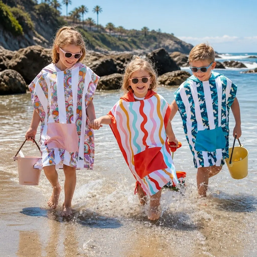 Kids Hooded Poncho Towel Squiggle Face Medium Quick Dry