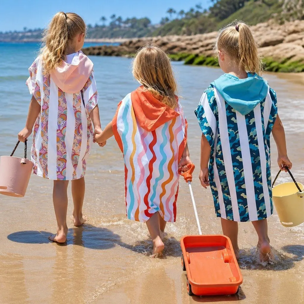 Kids Hooded Poncho Towel Squiggle Face Medium Quick Dry