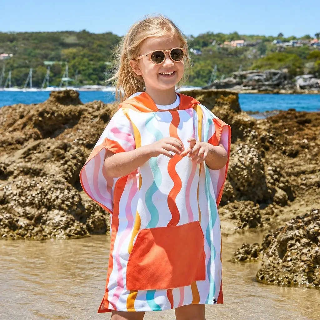 Kids Hooded Poncho Towel Squiggle Face Medium Quick Dry