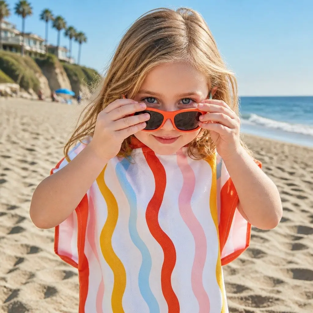 Kids Hooded Poncho Towel Squiggle Face Medium Quick Dry
