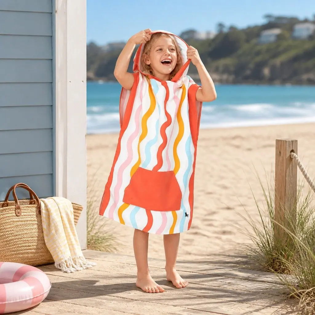 Kids Hooded Poncho Towel Squiggle Face Medium Quick Dry
