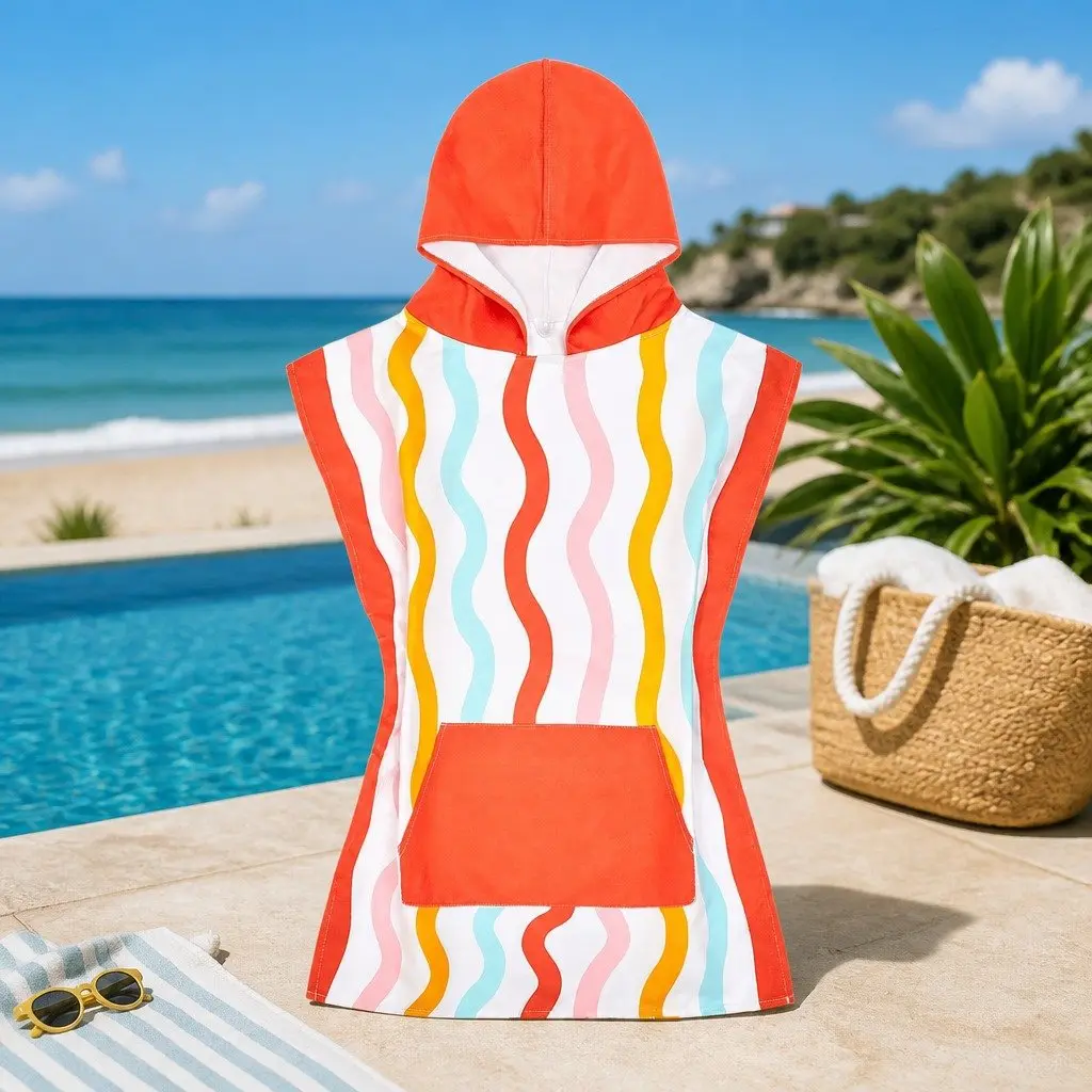 Kids Hooded Poncho Towel Squiggle Face Medium Quick Dry