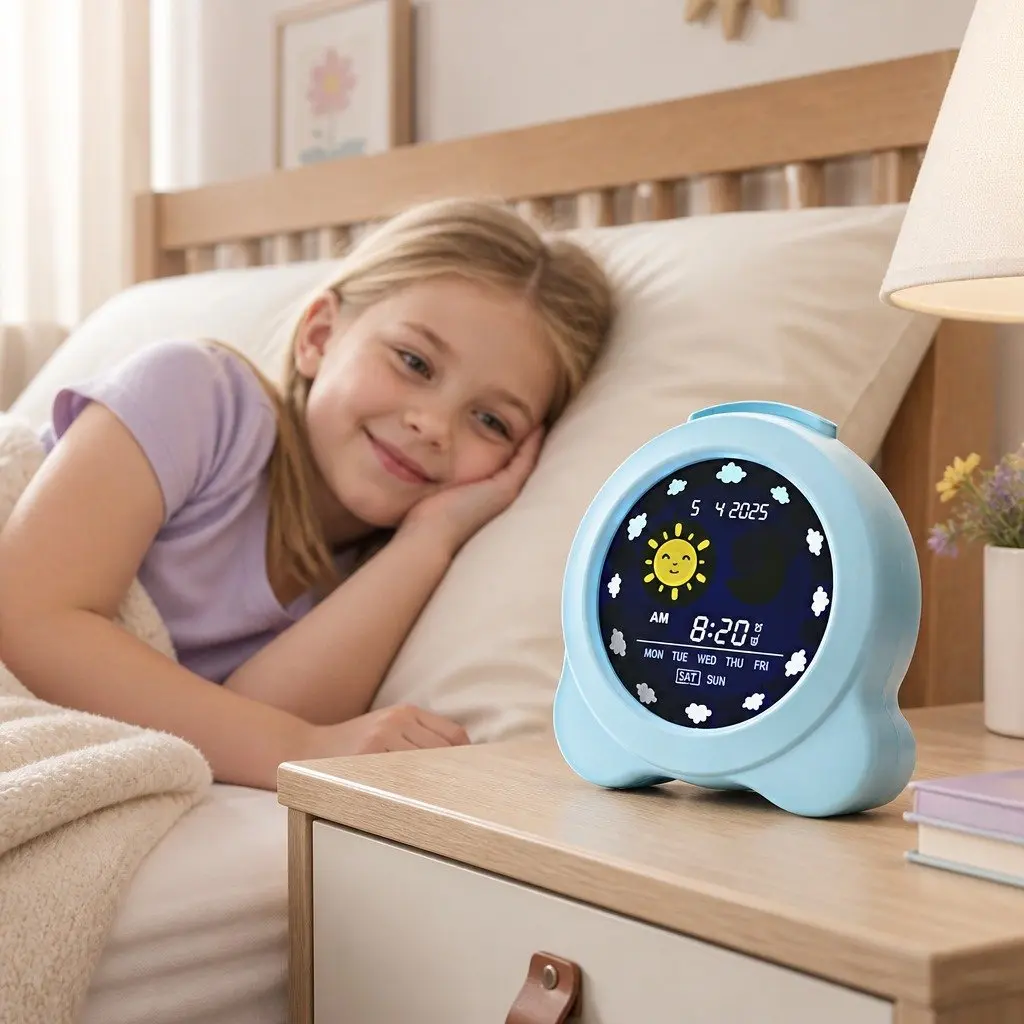 Digital Day Clock Blue 3.8 Inch LCD Display Dual Alarm System Sleep Trainer