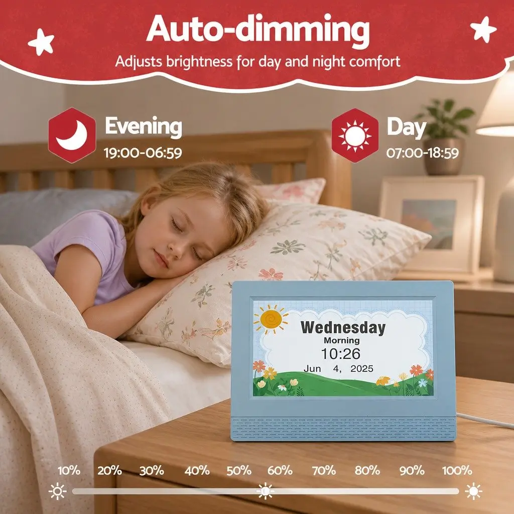 Digital Clock Blue 7 Inch LCD Alarm Sleep Trainer Calendar Display