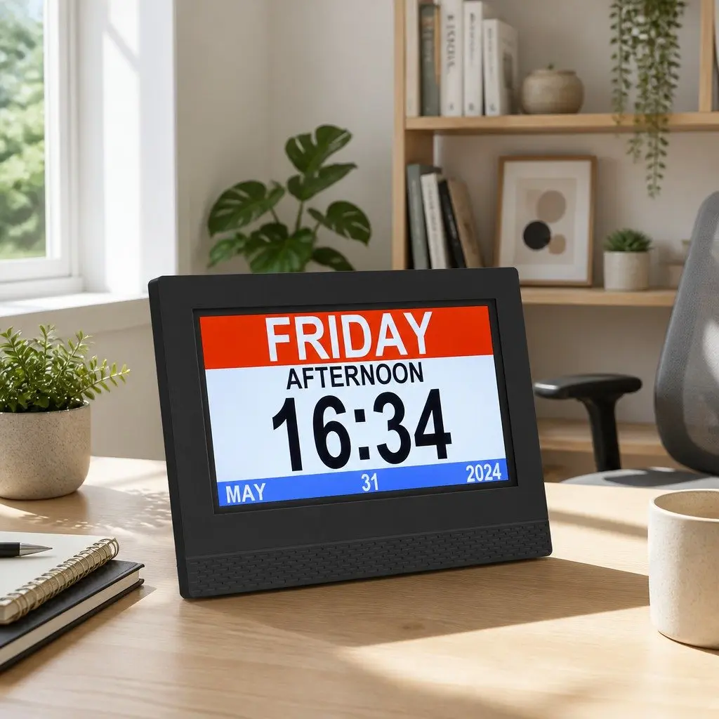 Digital Day Clock Black 7 Inch LCD Display with Remote Control Auto Dimming Alarm Calendar Functions