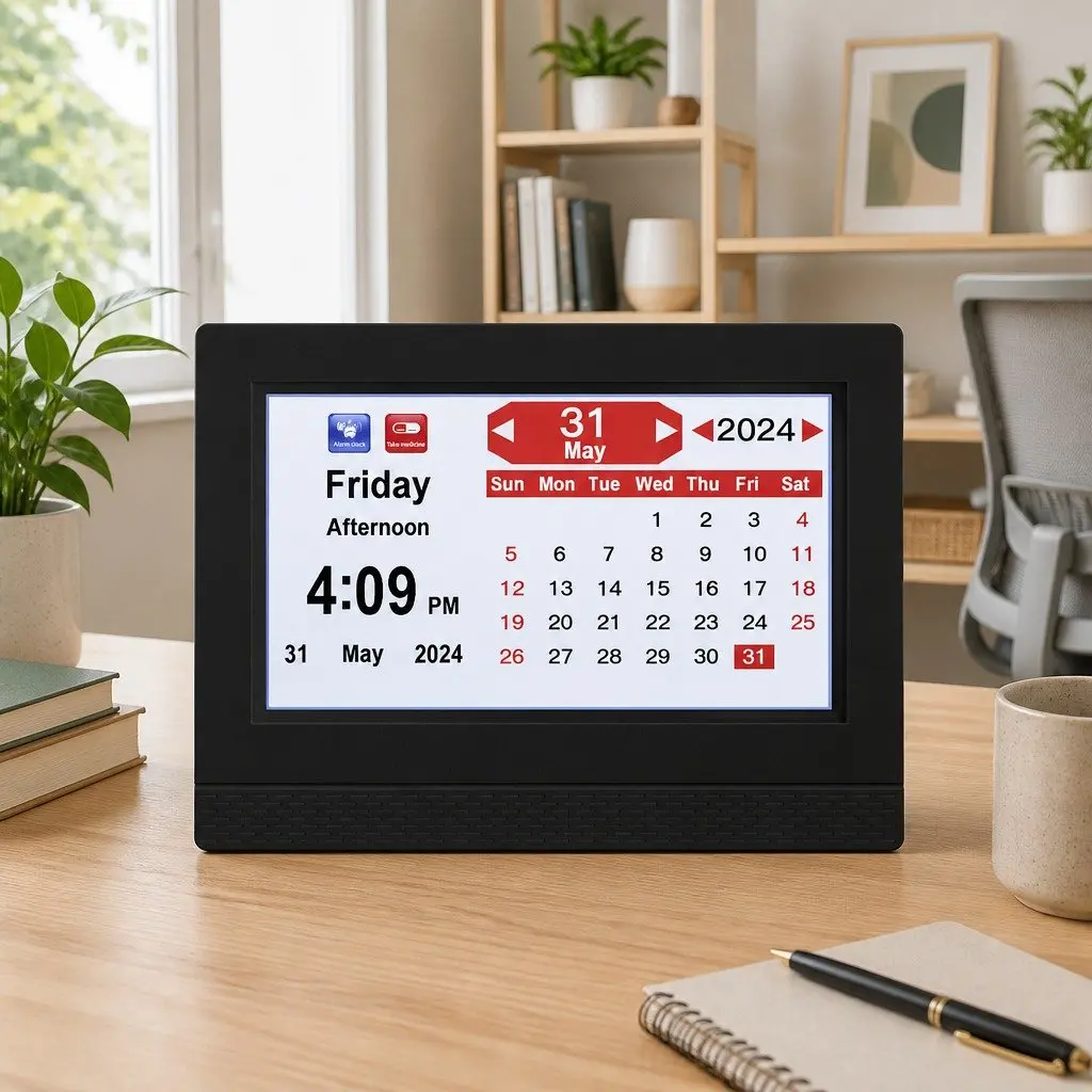 Digital Day Clock Black 7 Inch LCD Display with Remote Control Auto Dimming Alarm Calendar Functions