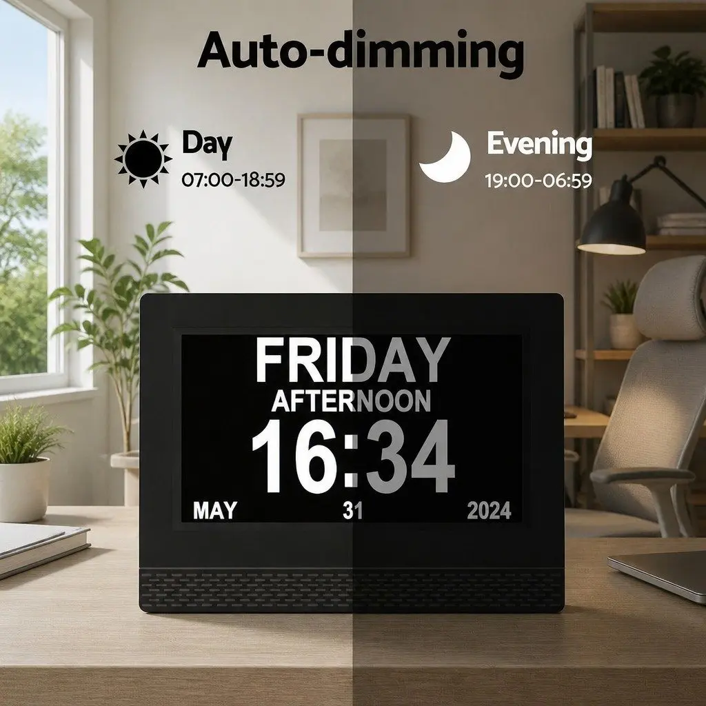 Digital Day Clock Black 7 Inch LCD Display with Remote Control Auto Dimming Alarm Calendar Functions