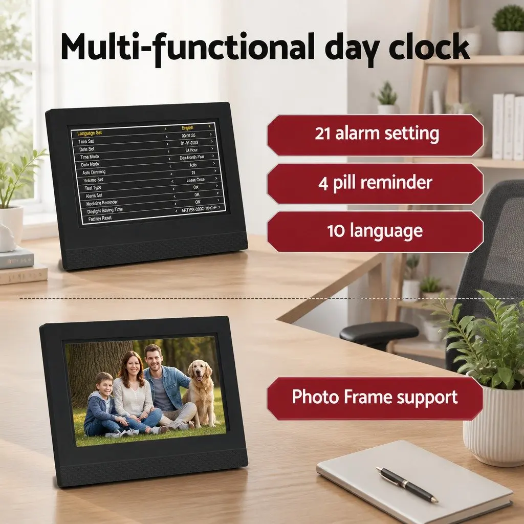 Digital Day Clock Black 7 Inch LCD Display with Remote Control Auto Dimming Alarm Calendar Functions
