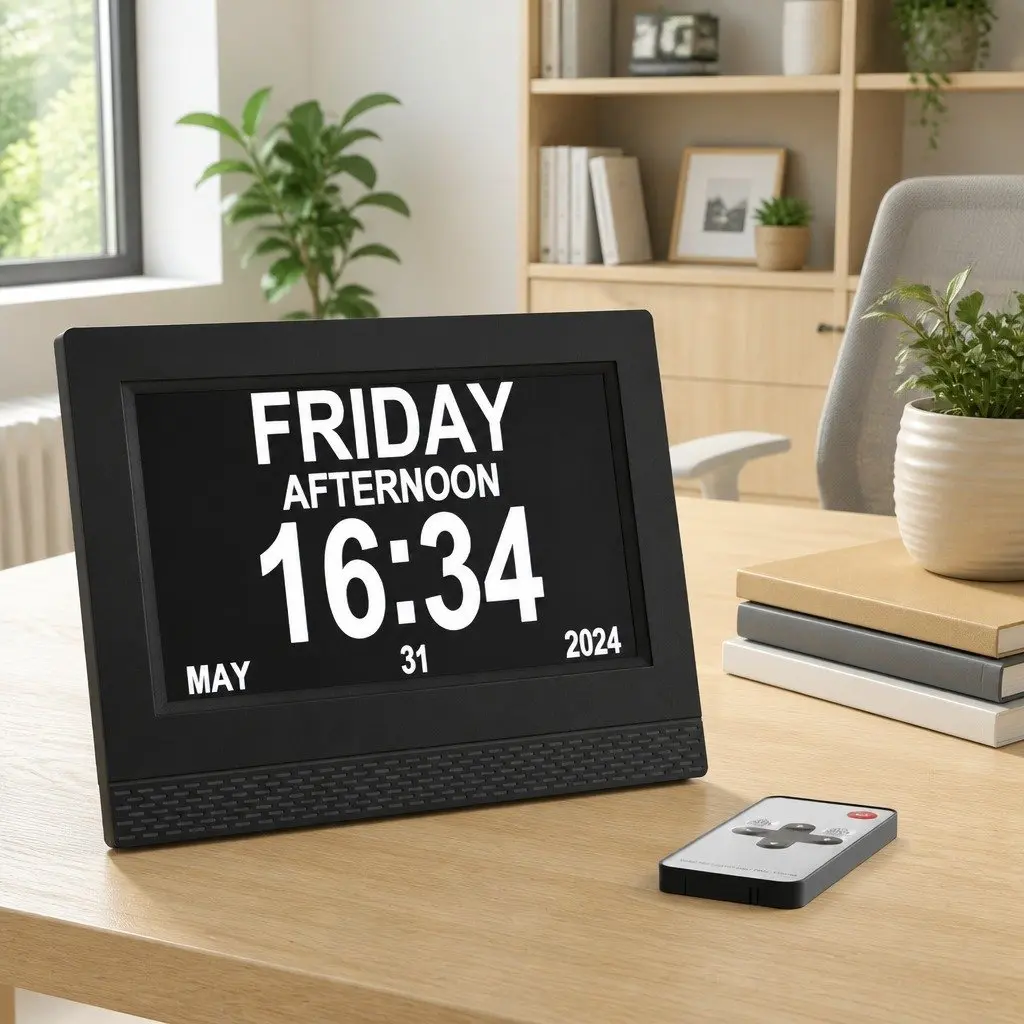 Digital Day Clock Black 7 Inch LCD Display with Remote Control Auto Dimming Alarm Calendar Functions