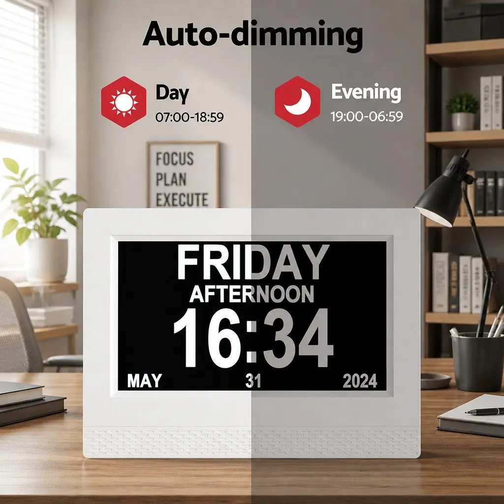 Digital Day Clock White 7 Inch Large LCD Display Auto Dimming Alarm Multiple Functions