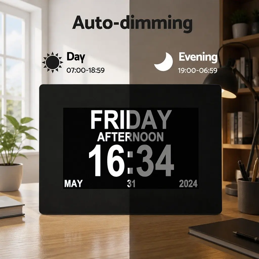 Digital Day Clock Black 8 Inch Large LCD Display Auto Dimming Desk Wall Mount
