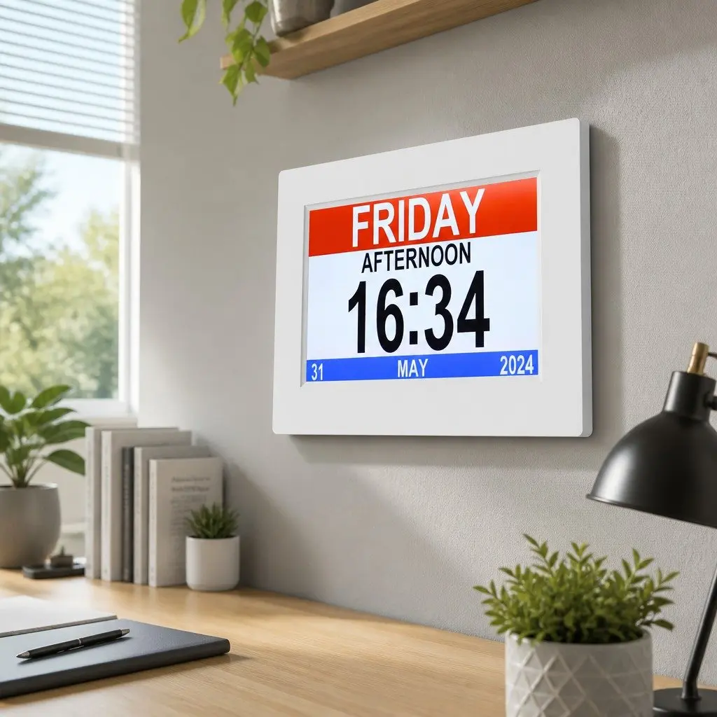 Digital Day Clock White 8 Inch LCD Large Display Auto Dimming Alarm Calendar