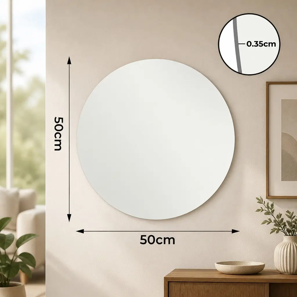 50cm Round Frameless Tempered Glass Wall Mirror Modern Bathroom Bedroom Home