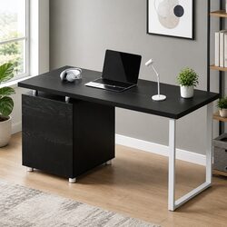 Compact 140cm Black Computer Desk with 3 Storage Drawers