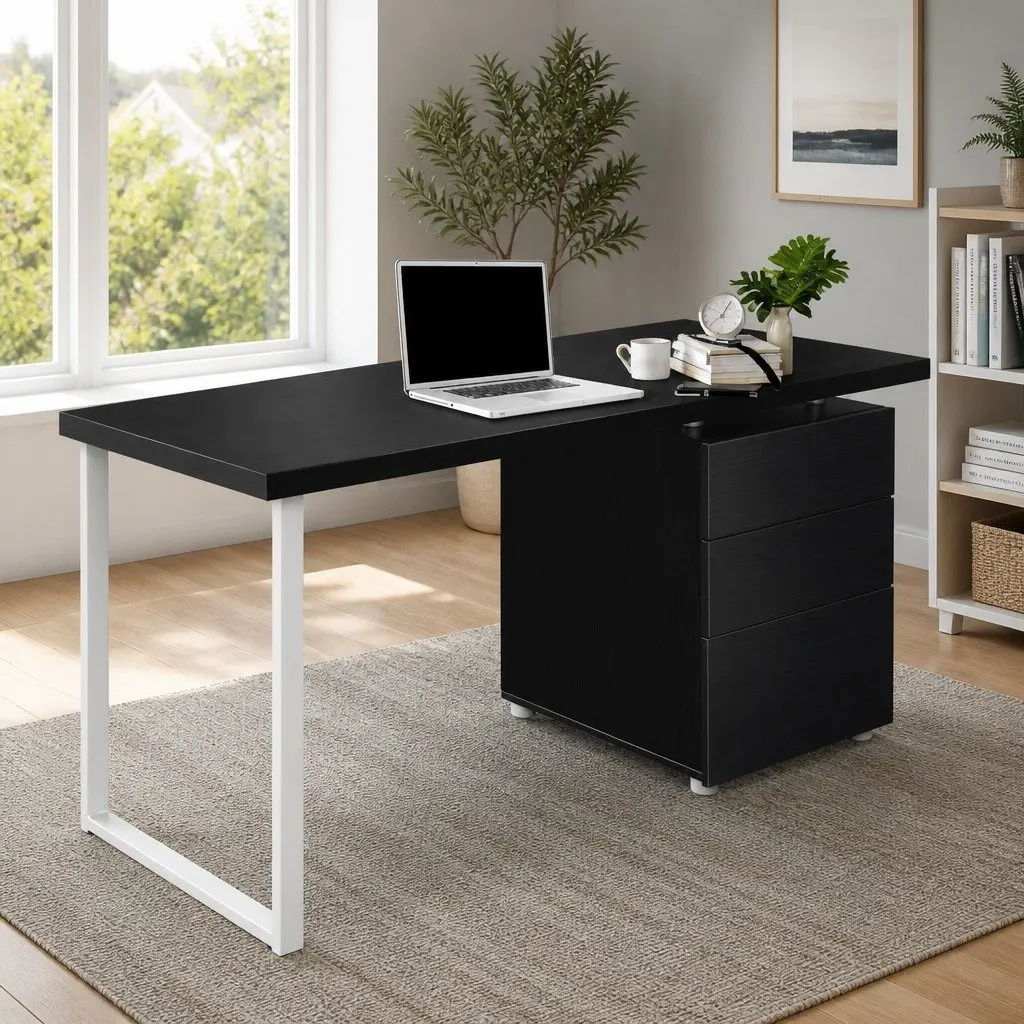 Computer Desk Black 140cm Wide 3 Drawers Sturdy Construction
