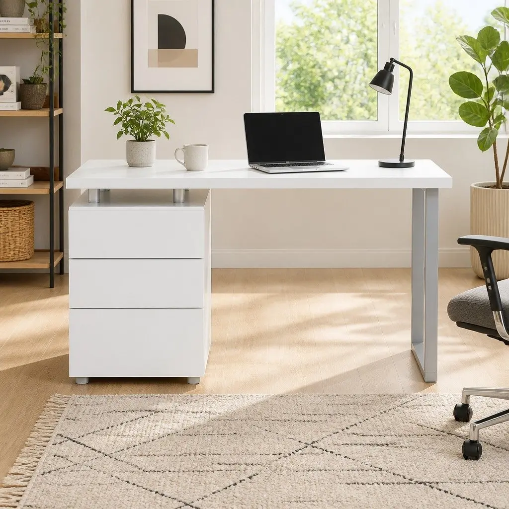 Computer Desk with 3 Drawers White 140cm Office Workstation Contemporary Design