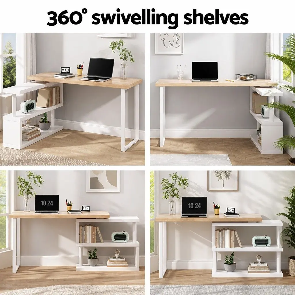 Computer Desk Oak and White 50cm x 140cm 360 Degree Rotatable Bookshelf