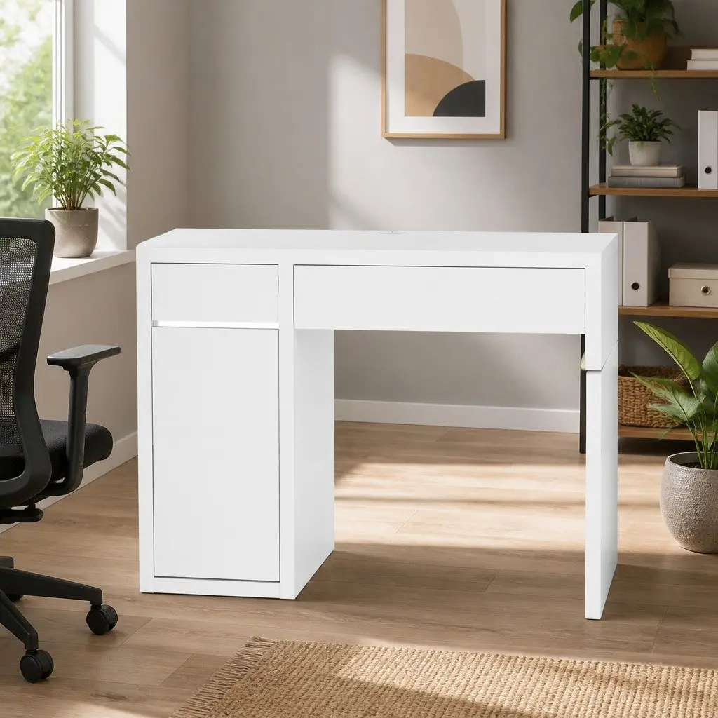 Computer Desk White 105cm 2 Drawers 3-Tier Cabinet Storage
