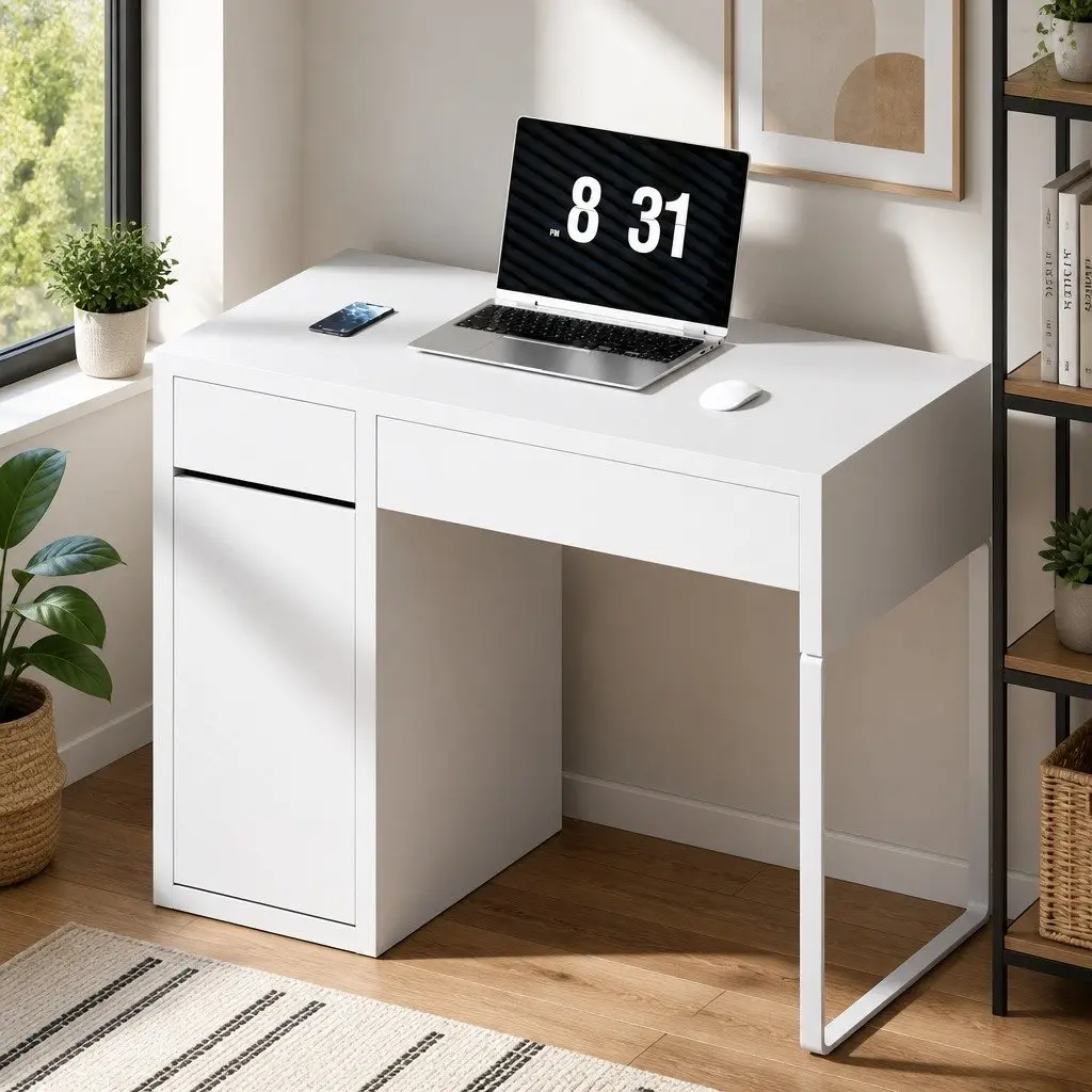 Computer Desk White 105cm 2 Drawers 3-Tier Cabinet Storage