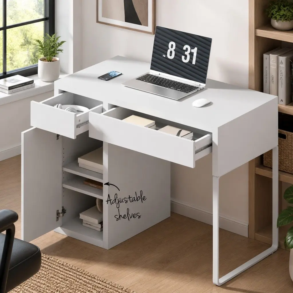 Computer Desk White 105cm 2 Drawers 3-Tier Cabinet Storage