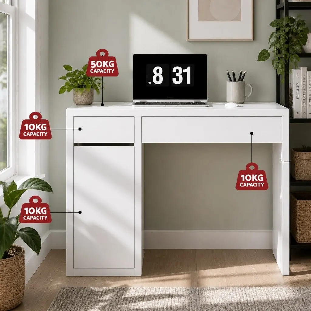 Computer Desk White 105cm 2 Drawers 3-Tier Cabinet Storage