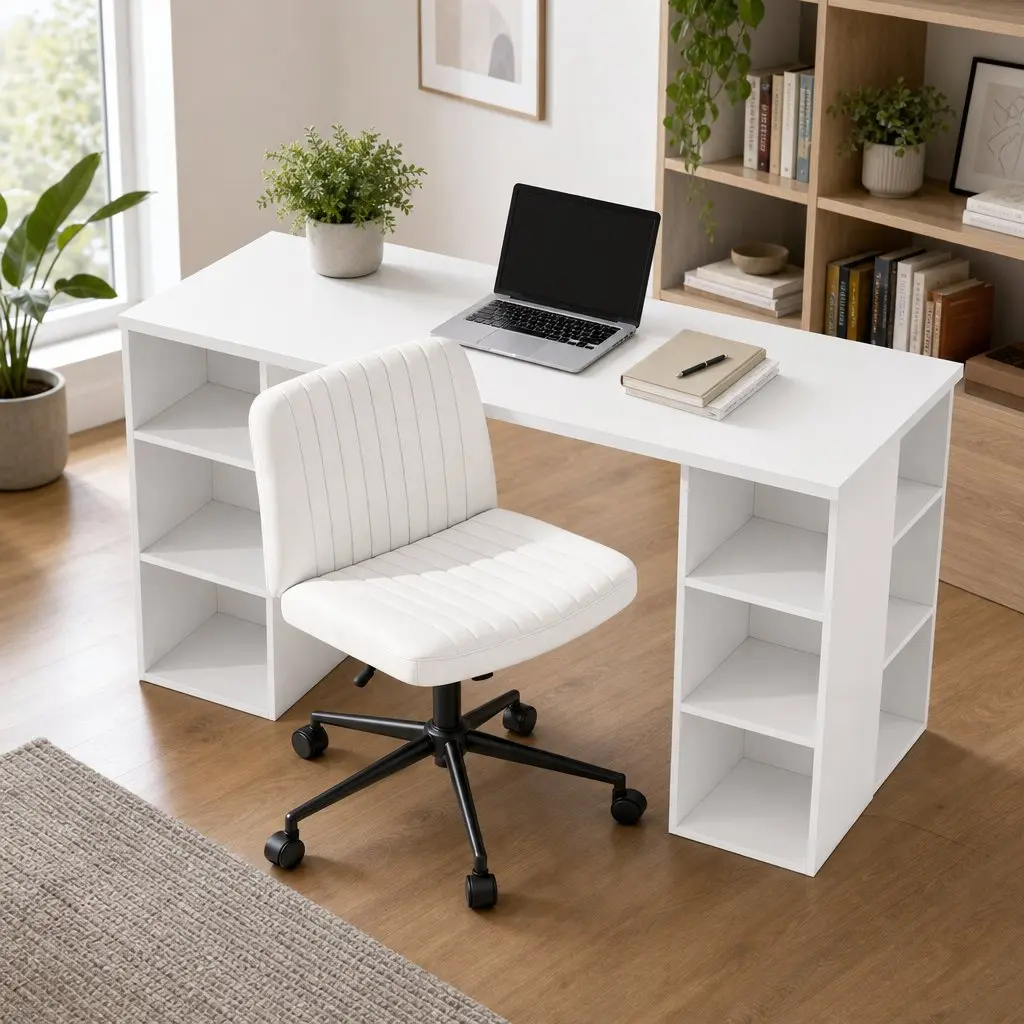 Office Desk and Chair Set White 150cm Ergonomic with 6 Storage Shelves