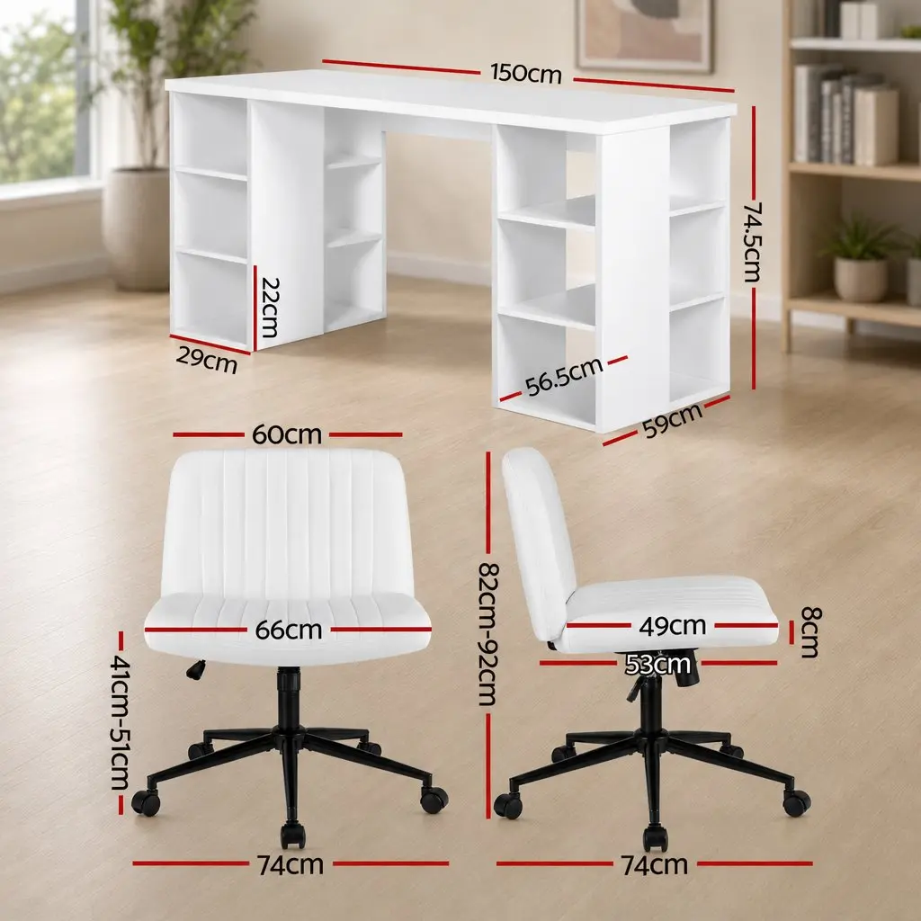 Office Desk and Chair Set White 150cm Ergonomic with 6 Storage Shelves
