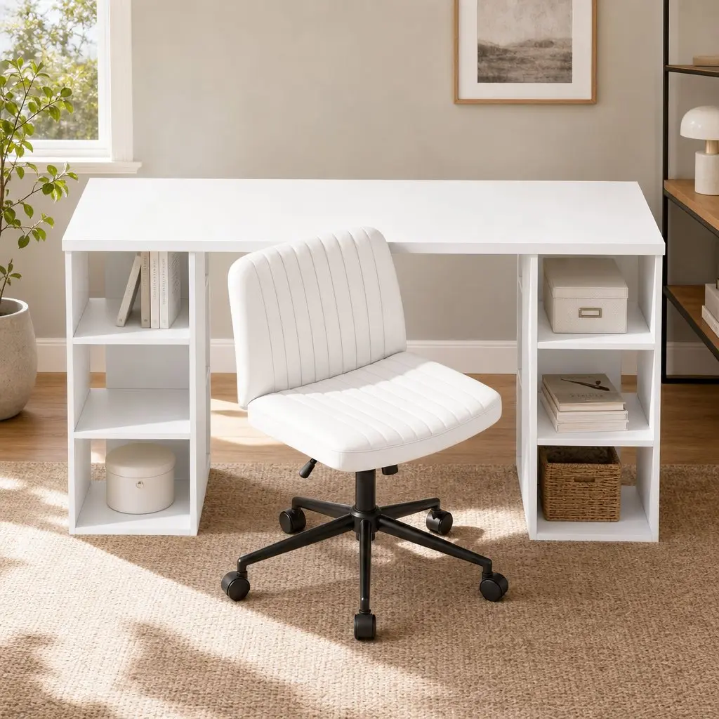Office Desk and Chair Set White 150cm Ergonomic with 6 Storage Shelves